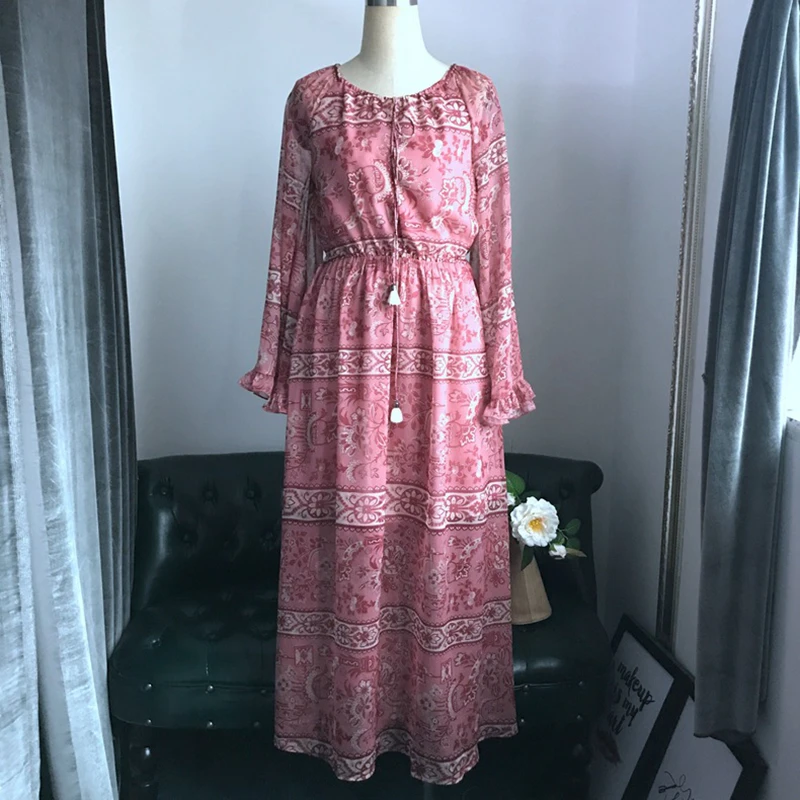 2019 Spring ZIM Style Bohemian Floral Print Dress Women Vintage Ruffles Flare Sleeve Maxi Dresses Female Holiday | Женская одежда