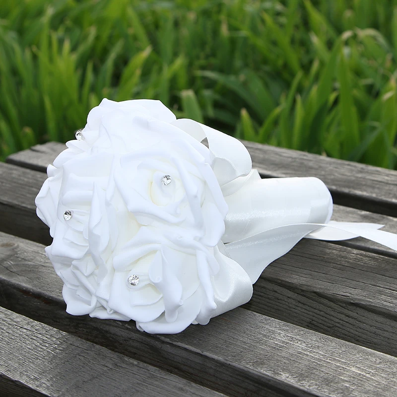 

Wholesale 2019 Bridesmaid Wedding Foam flowers Rose Bridal bouquet Ribbon Fake Wedding bouquet de noiva Bouquet De Mariage