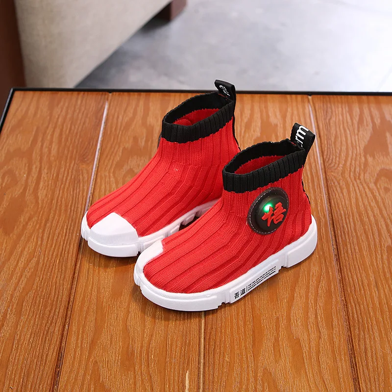 CNFSNJ brand Autumn winter Children's High Top Trainers Shoe Knitted Stocking Boots for Kid Baby Boy Girl Fashion LED Sneakers | Детская