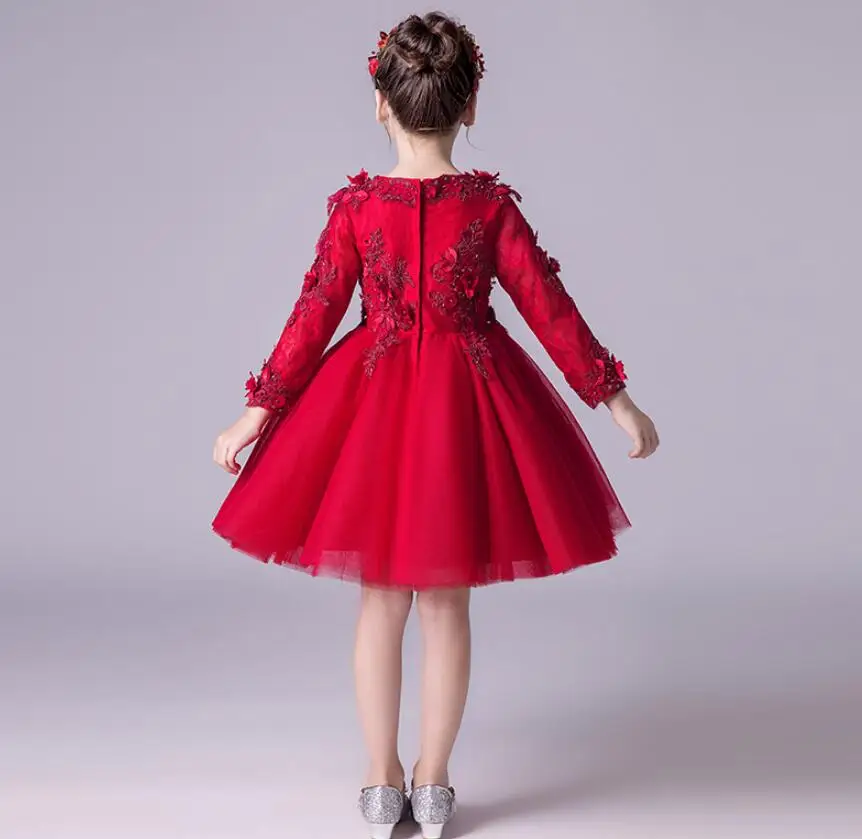 Kids Girl Dress Red Tulle Appliques Flower Party Ball Gown Prom Long Sleeve Kid Princess Wedding First Communion | Детская одежда и