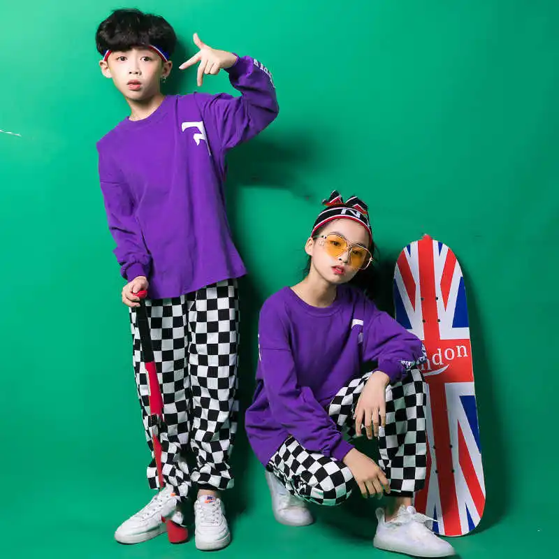 

New Kids Jazz Dance Costumes Children Modern Dance Hip-hop Hooded Long Sleeve Purple T shirt Square Pants 110-180 cm height