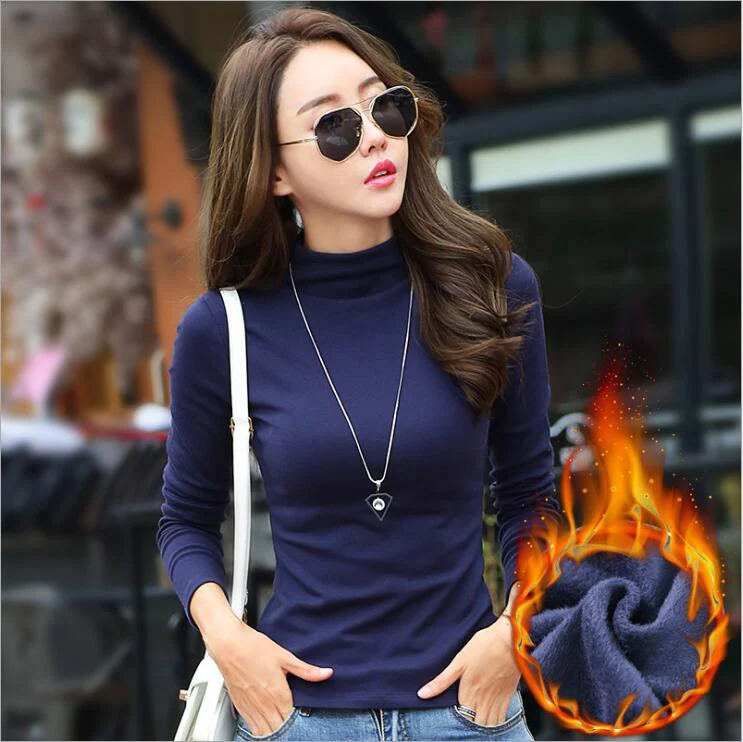 blue with velvet Корейская женская футболка, зимняя Вельветовая Толстая Водолазка с длинным рукавом, Женская Универсальная футболка, Женская мода - Цвет: blue with velvet