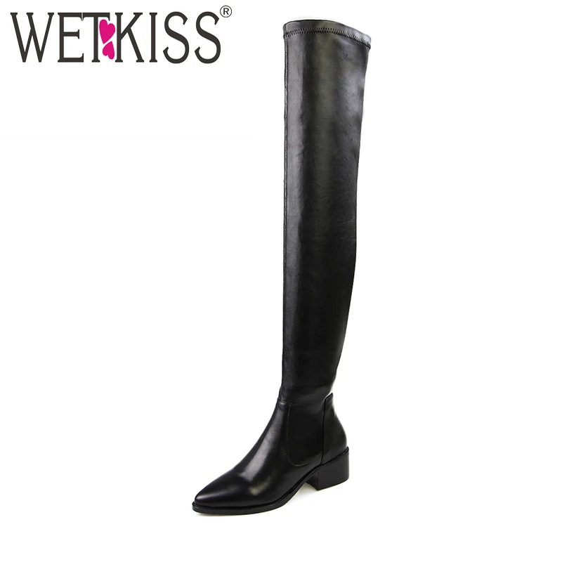 WETKISS/Сапоги выше колена без шнуровки осенне зимние ботинки женская обувь на