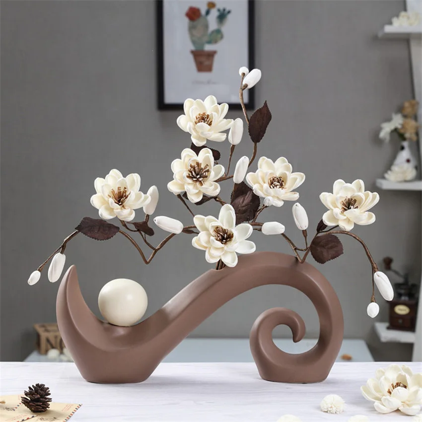 

European Nordic Ceramic Desk Tabletop Vase Ikebana Ornaments Handmade White Artificial Dried Flower Home Furnishing Decro