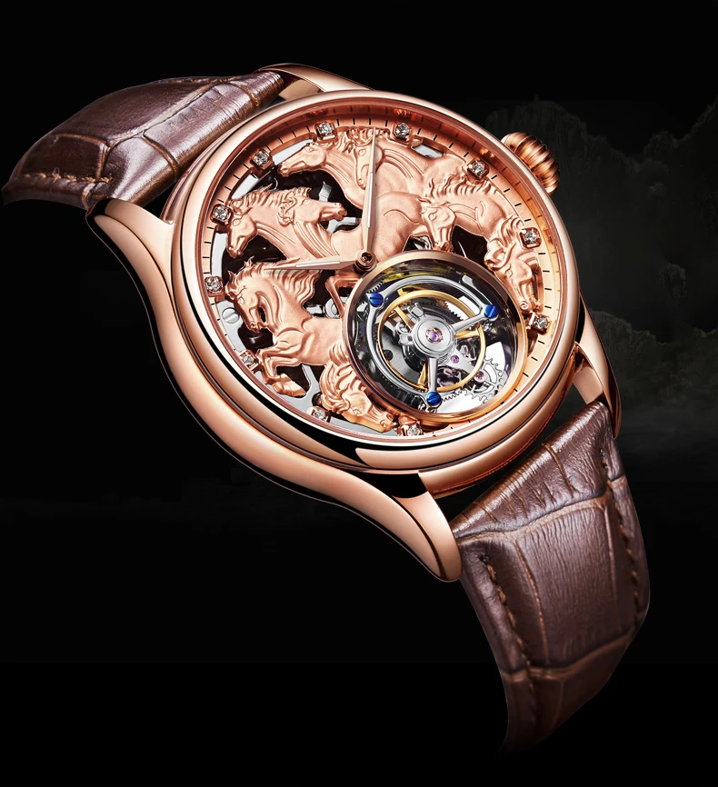 Топ бренд для мужчин Tourbillon механические часы Зодиак лошадь Скелет 24 К золото кожа для мужчин s Чайка Tourbillon часы Поддержка на заказ