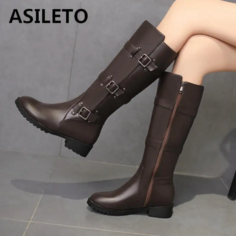 ASILETO Knee High boots women Motorcycle Boots flat Heels Buckle Shoes woman autumn Winter Riding botte booties bota D474|Сапоги до