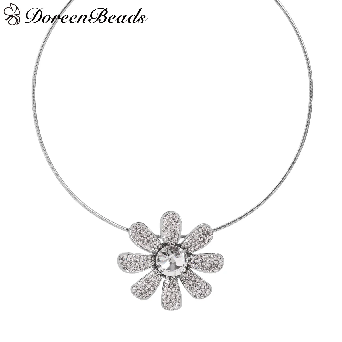 DoreenBeads Крутящий Момент Колье Цветок Ожерелье Серебряный Тон Цвета С Стекло