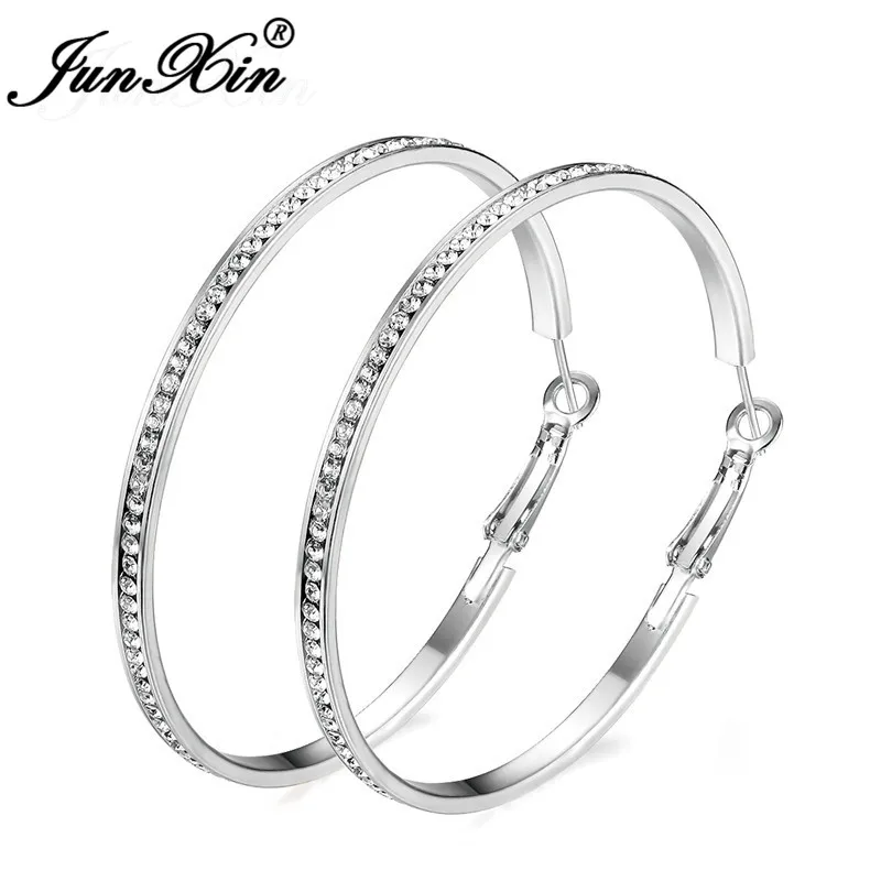 Silver Hoop Earrings JUNXIN хип-хоп однорядные полный циркон большой круг обруч серьги для женщин серебро/золото цвет Тонкие Двойные серьги вечерние ювелирные изделия - Окраска металла: Silver Hoop Earrings