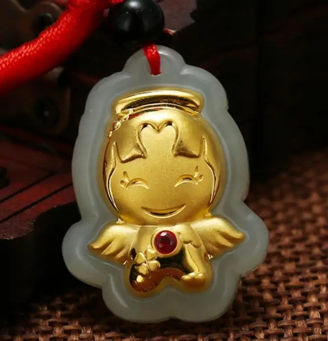 Кулон из нефрита кулон натурального белого инкрустированный нефритовым ангелом