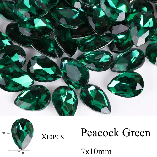 Peacock Green 7x10mm 10 шт капли воды, стразы для дизайна ногтей, хрустальные камни, 10 цветов, 7x10 мм/6x8 мм, блестящие DIY Подвески, украшения для дизайна ногтей TR030 - Цвет: Peacock Green 7x10mm