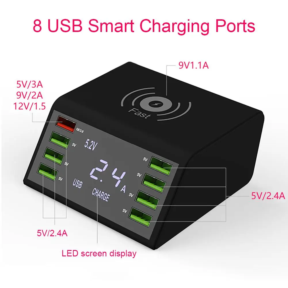9 в 1 Беспроводной Зарядное устройство QC 3,0 быстрой зарядки 8USB Порты и разъёмы C-тип зарядной док-станции для смартфонов Планшеты