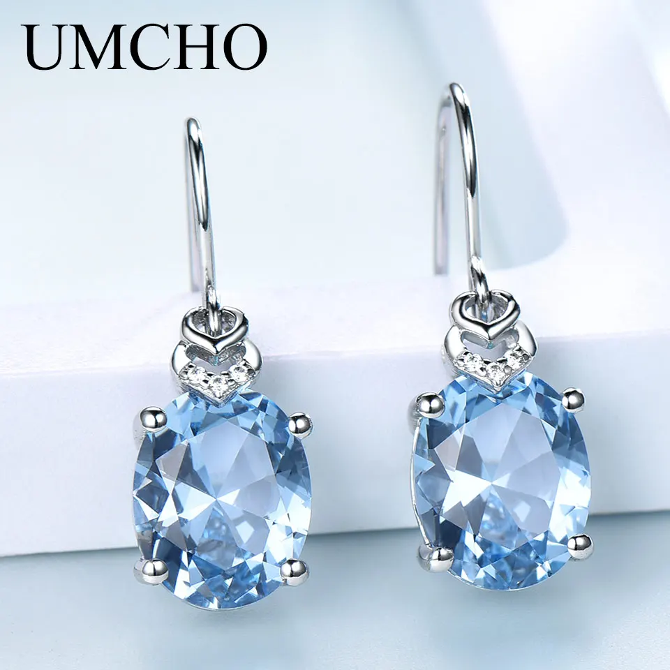UMCHO Nano Blue Topaz, Серьги с драгоценными камнями для женщин, 925 пробы, серебряные, корейские серьги-капли, модные, вечерние, ювелирные изделия, Новинка