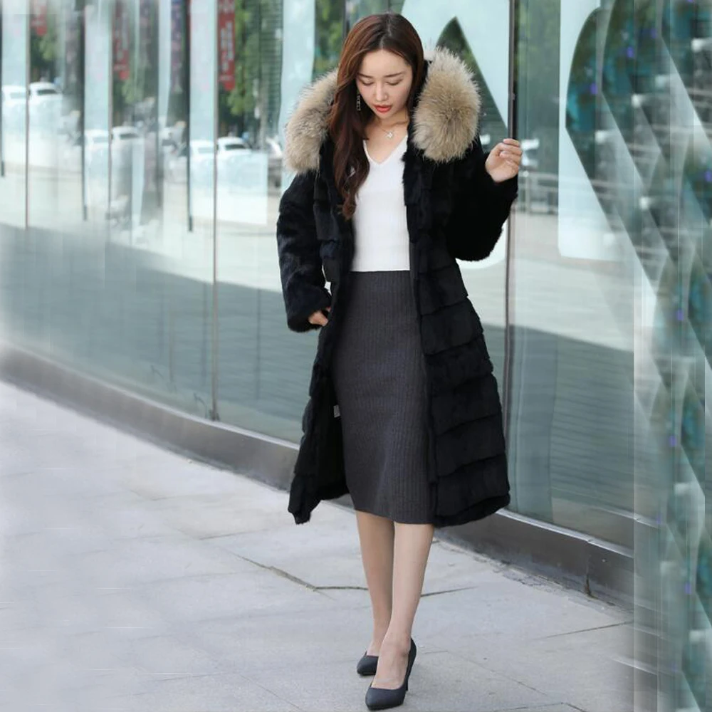 Hooded Women Full Skin Vintage Warm Winter Genuine Natural Rabbit Fur Overcoat with big Hood and Real Raccoon Collar wsr342 | Женская