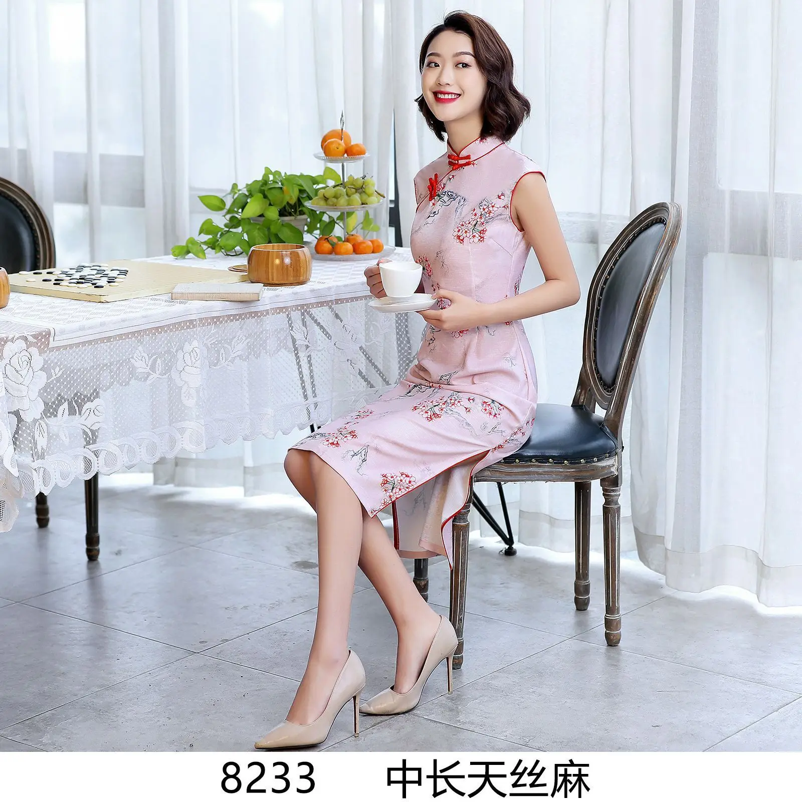 Восточные винтажные Длинные Cheongsam современные хлопковые льняные Qi Pao женские китайское традиционное платье QiPao художественный стиль печати платья - Цвет: 8233