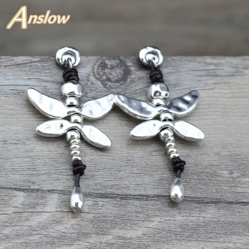 

Anslow Fashion Jewelry New Arrivals Items Dragonfly Antique Silver Plated Leather Earring For Woman Mothe's Day Gift LOW0095E