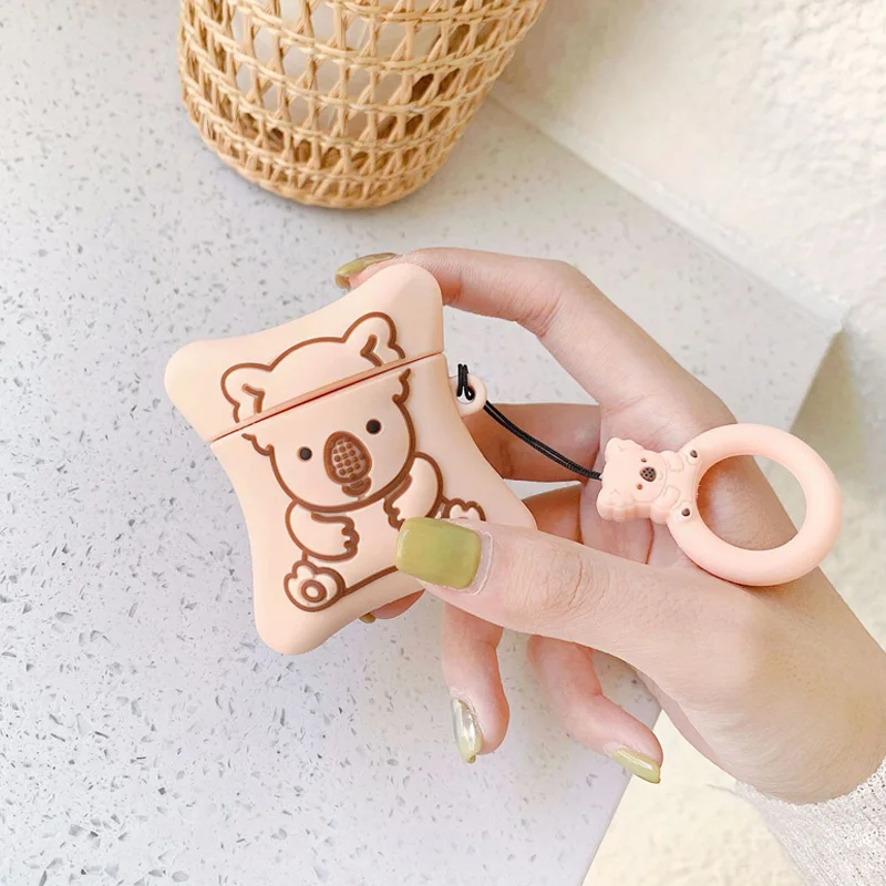 Light Pink Чехол для Airpods 2, силиконовый чехол коала с изображением печенья из мультфильма для Apple Air pods, милый чехол для наушников, чехол для наушников, кольцевой ремешок - Цвет: Light Pink