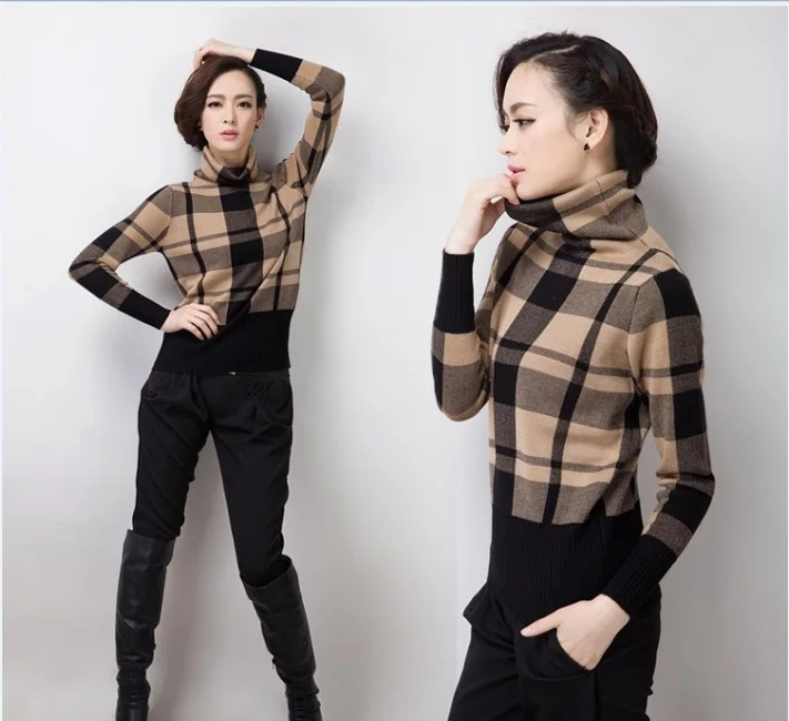 High Quality Winter Women's Turtleneck Plaid Sweater Ladies Fashion Striped Collar Thick Warm Sweaters Pullovers | Женская одежда