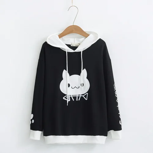 black tops Женские осенние модные толстовки, пуловер, Японский кот, слова, толстовки, Harajuku Kawaii, женская черная белая Лоскутная Толстовка - Цвет: black tops