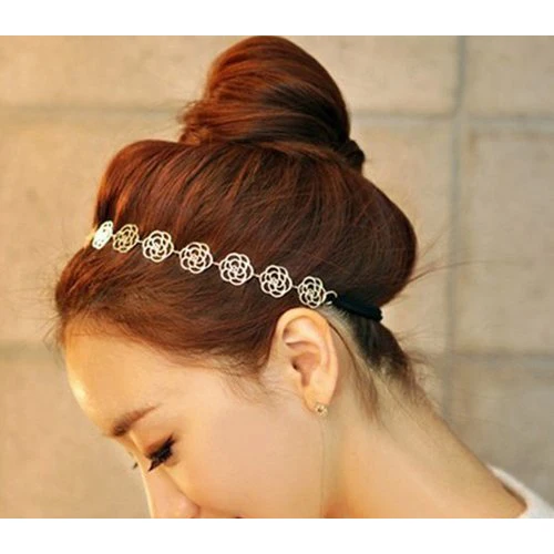 

Lovely Metallic Sweet Lady Hollow Rose Flower Elastic Hair Band Headband New