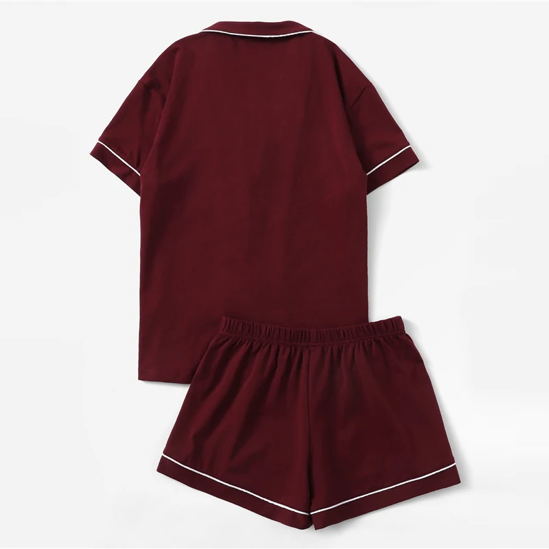 SHEIN контрастная окантовка карман спереди пижамный комплект черный короткий рукав топ с отворотом с эластичной талией шорты женские комплекты из двух предметов