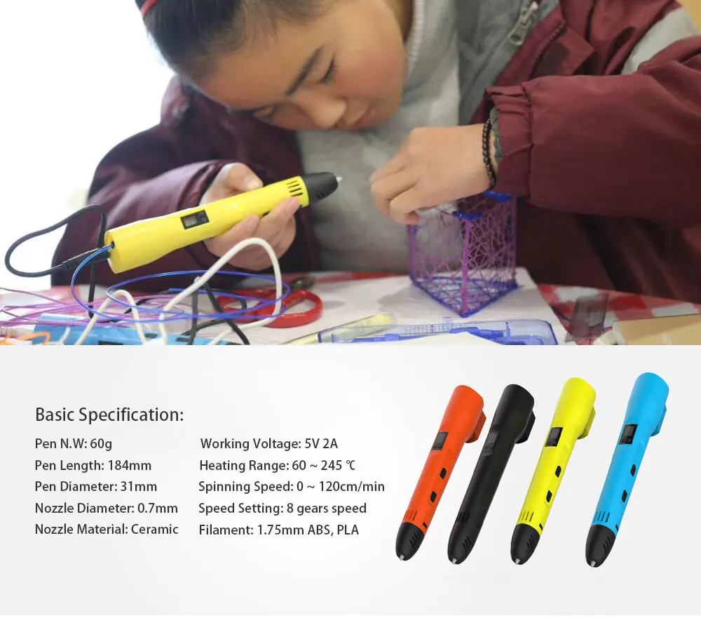 QCREATE 3D печать Ручка ABS PLA двойной режим 3D Ручка ЖК-дисплей температура нагрева и 8 скоростей Регулируемая добавить 100 м PLA нити