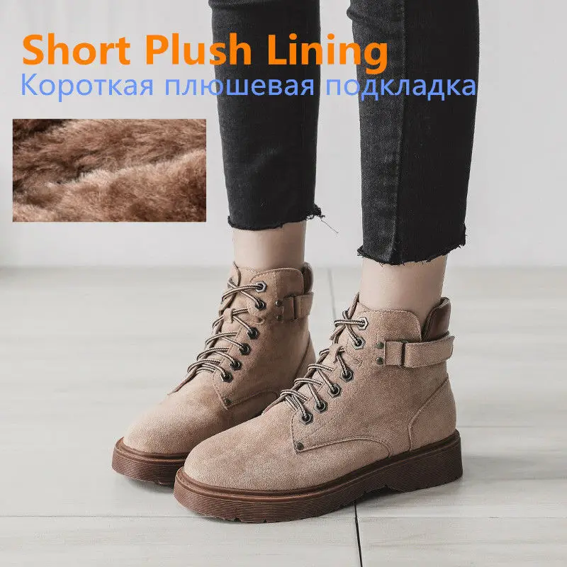 Tan Plush Lining Новые женские ботинки, большие размеры 41, 42, 43, зимние ботинки, женские ботильоны с 2 видами внутри, женская обувь, весенняя женская обувь на шнуровке - Цвет: Tan Plush Lining