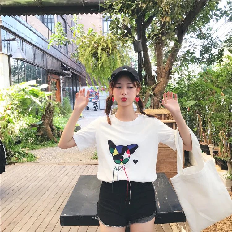 2017 новый прибыл женщины мило с коротким рукавом рубашки хлопок o шея мультфильм