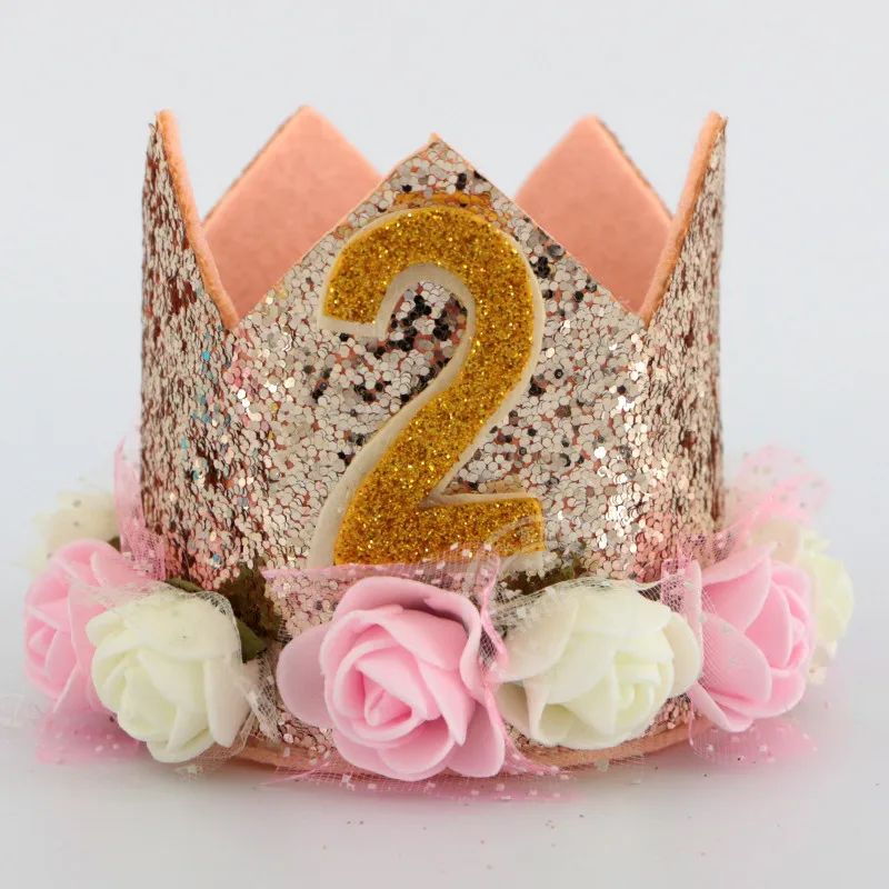 rose gold hat 2 Счастливые шляпы для празднования первого дня рождения, декоративная крышка, один праздничный колпак, корона принцессы, 1-й 2-й 3-й год, детский аксессуар для волос - Цвет: rose gold hat 2