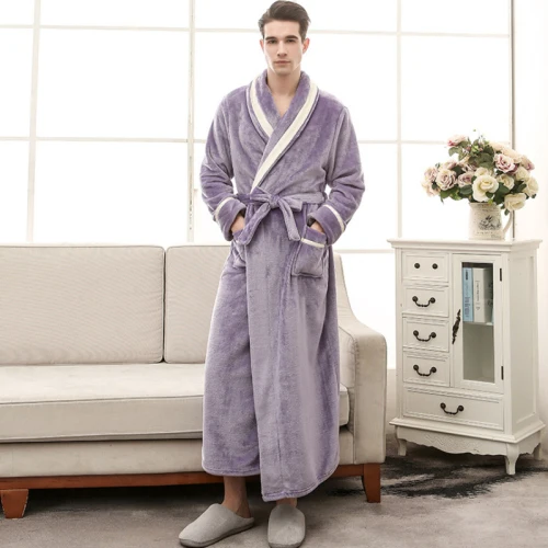 Purple Men RB0289 теплый зимний халат для женщин и мужчин Фланелевая пижама длинный халат с длинными рукавами для влюбленных пар мужской женский халат плотного размера плюс халат - Цвет: Purple Men
