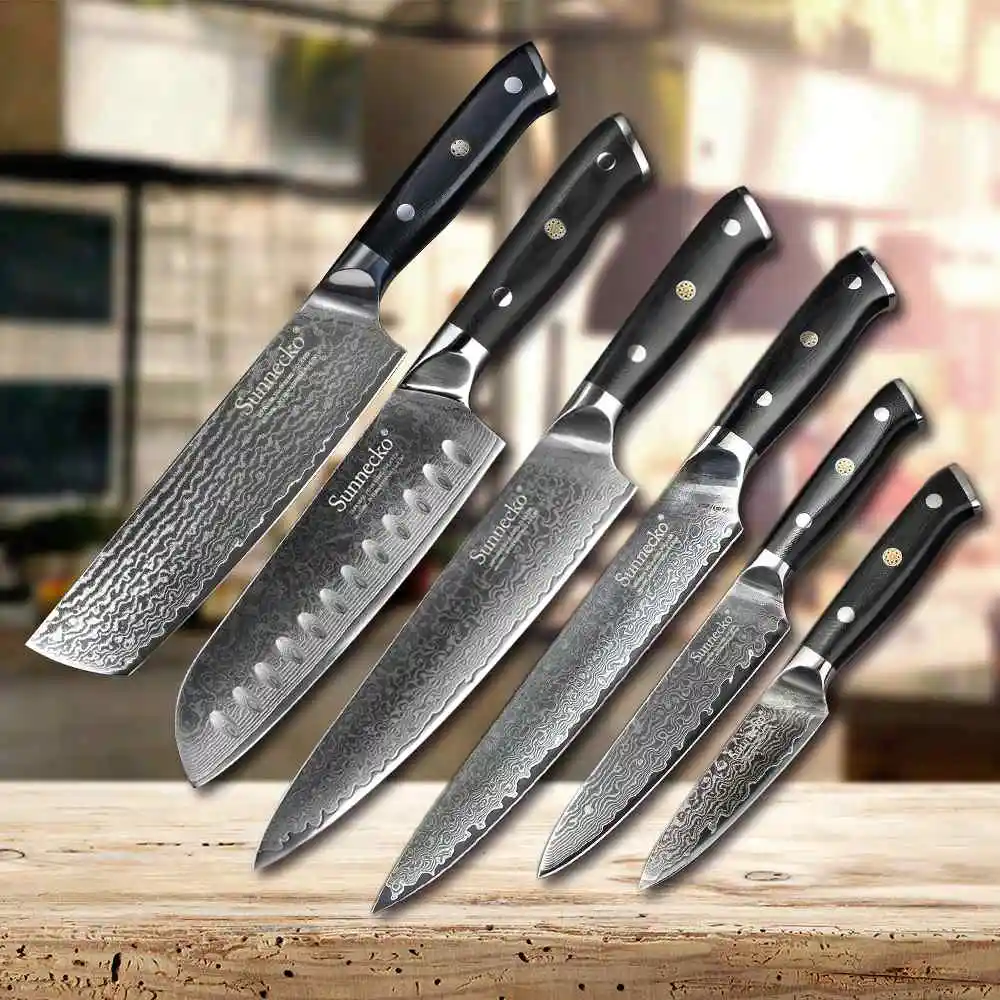 6pcs Set SUNNECKO Дамасские кухонные ножи, набор шеф-повара, нож сантоку для очистки хлеба, японский VG10 стальной нож G10 с ручкой, нож для резки - Цвет: 6pcs Set