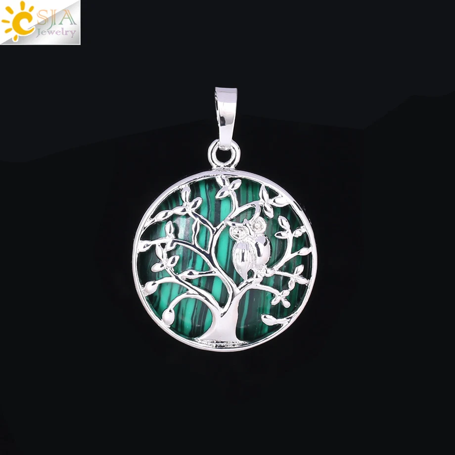 Malachite CSJA Дерево жизни кулон ожерелье натуральный камень плоская бусина Сова на деревьях хрустальные бусины Подвески ручной работы рейки Шарм ювелирные изделия F337 - Окраска металла: Malachite