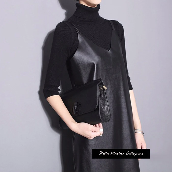 Осень 2020 женское черное платье Чехол из искусственной кожи без рукавов вечернее