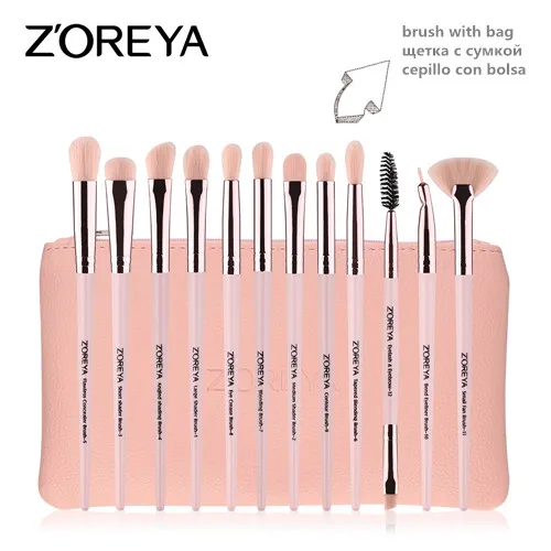 pink brush and bag ZOREYA, 12 шт., набор кистей для макияжа глаз, розовое золото, Кисть для макияжа, тени для век, инструмент для смешивания косметики - Handle Color: pink brush and bag