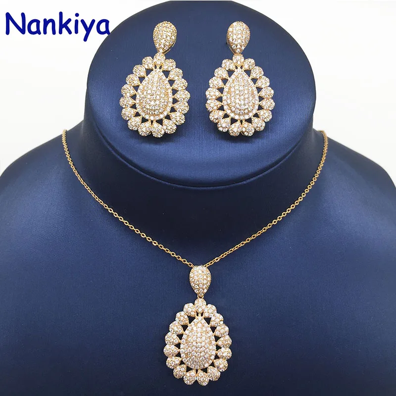 yellow gold Nankiya, высокое качество, микро серьги с цирконием, набор, форма капли воды, Модный комплект из 2 предметов, женский ювелирный набор, заводская цена, NC676 - Окраска металла: yellow gold