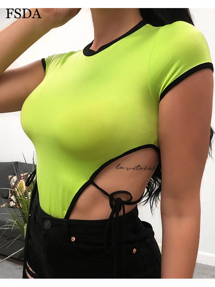 FSDA Neon Summer Bodysuit Sexy Beach Lace Up Hollow Out Short Sleeve Women Bodysuits