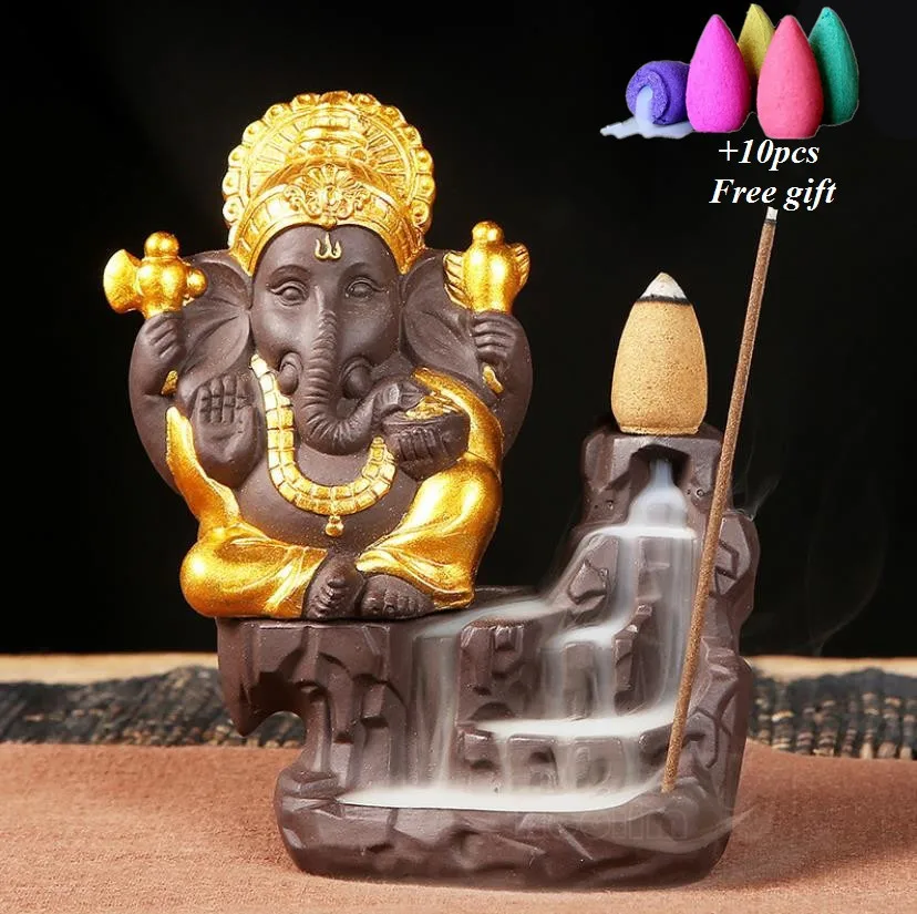 Слон Бог Ganesha курильница с обратным потоком фиолетовая глина буддийский домашний