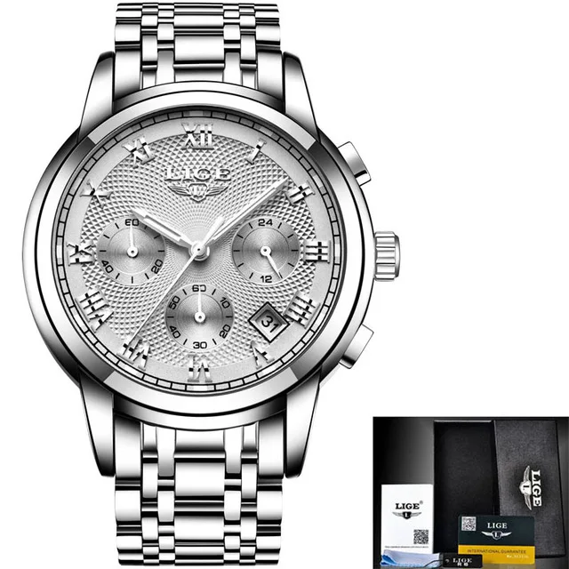 Silver white LIGE Мужские часы Роскошные модные повседневные часы водонепроницаемые военные кварцевые наручные часы с хронографом для мужчин браслет из нержавеющей стали - Цвет: Silver white