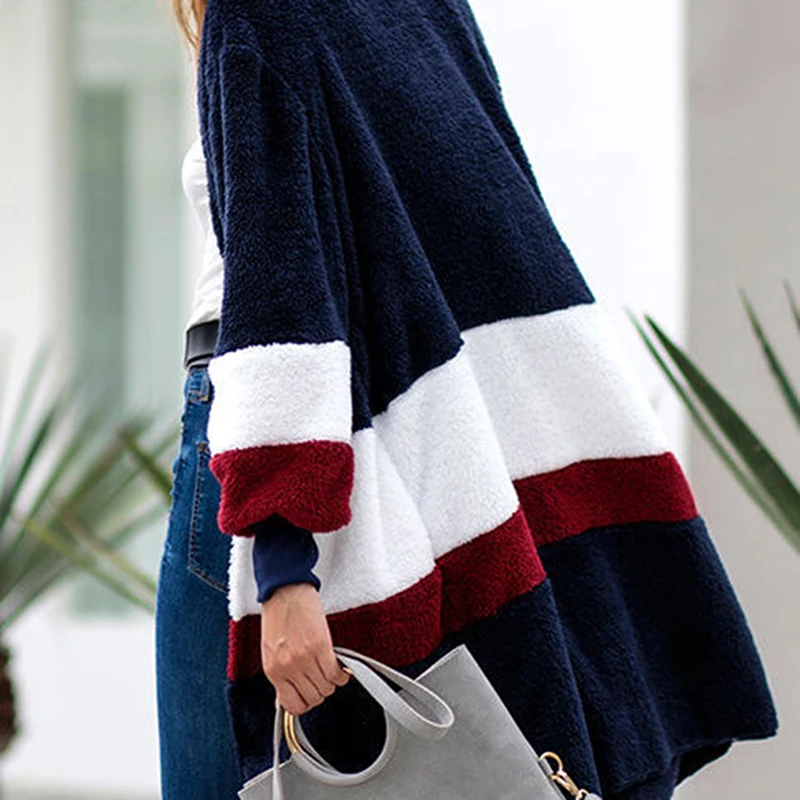 Autumn Women Overcoat Casual Loose Thick Warm Slim Pockets Cardigans Long Sleeve Cardigan Patchwork Color Knit Tops |