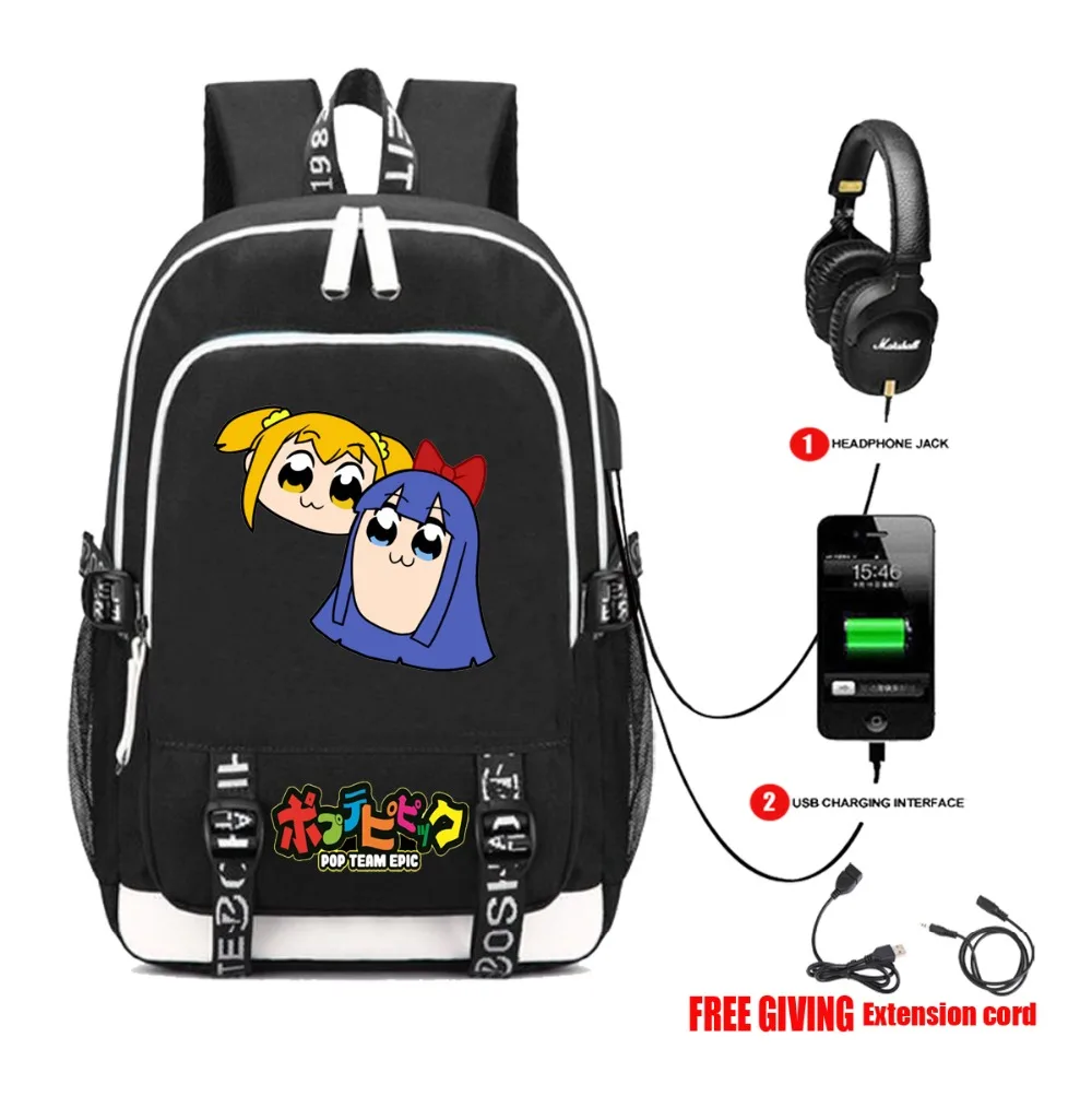 

anime Pop Team Epic backpack USB Charging Headphone Multifunction bag Teenagers Schoolbag Unisex Travel bag Rucksack 10 style