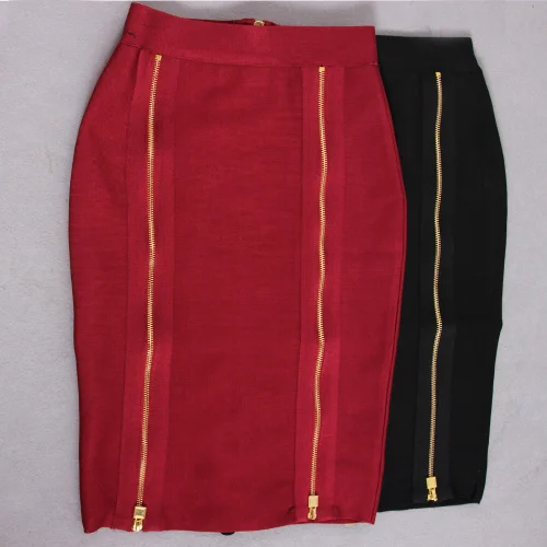 KLEEZY New Design 2019 Pencil Skirt Bandage Women Knee-Length 3 zipper Black Red Skirts H2412 | Женская одежда