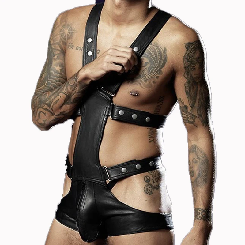 

Sexy Men Faux Leather Bodysuit Exotic Fetish Bondage Restraint Lingerie Black Fantasy Gay Jumpsuit Teddy Vinyl Sex Underwear