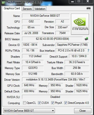 Используется Nvidia GeForce 9800GT 112 затенение единиц 256 бит настольных 9800 GT видеокарта