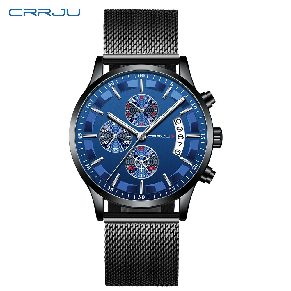mesh black blue CRRJU роскошный бренд новые мужские наручные часы в деловом стиле Хронограф Дата из нержавеющей стали Кварцевые наручные часы мужские подарки часы - Цвет: mesh black blue