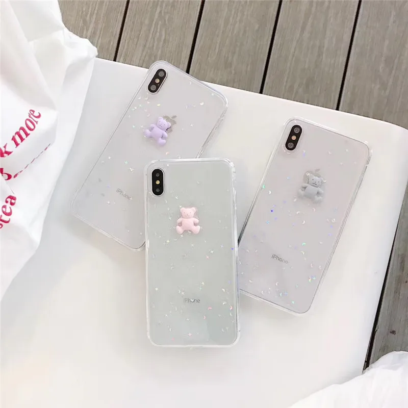 Transparent sequins stars bears phone case For iphone 6 6s 7 8plus luxury hard shell X XS MAX XR back cover |