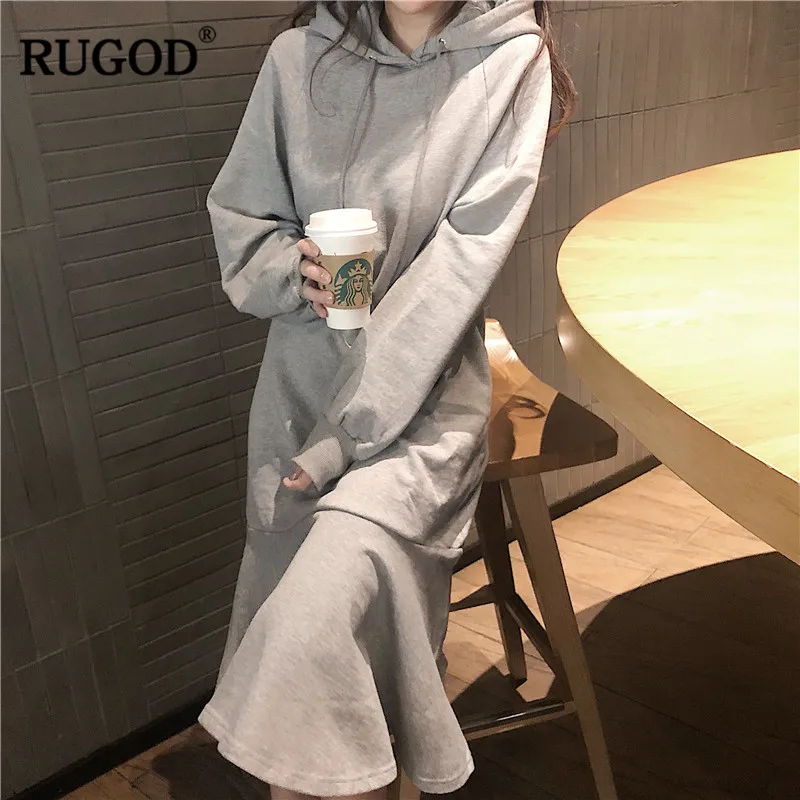 RUGOD/модное повседневное женское платье с длинным рукавом и капюшоном однотонное