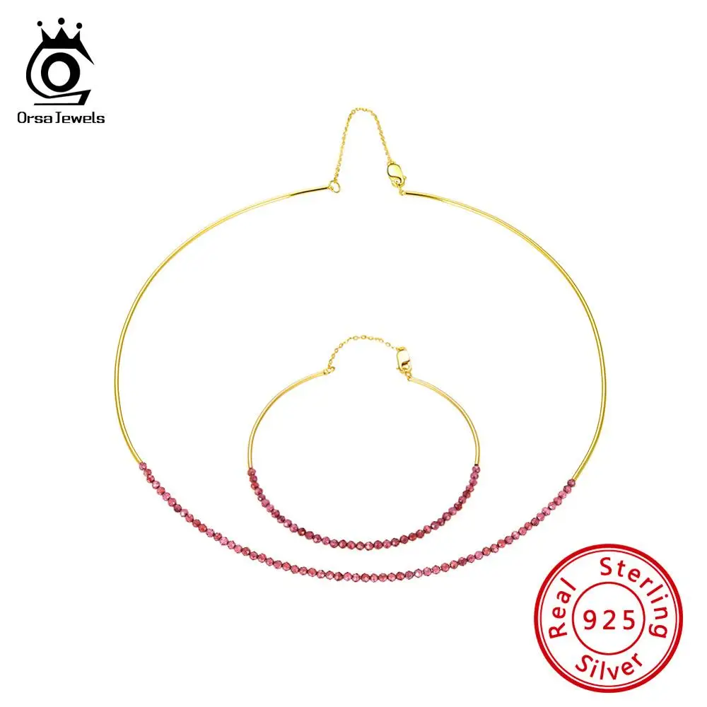 Red Garnet ORSA JEWELS, натуральный камень, женские браслеты и чокер, подлинный 925 пробы, Серебряный ювелирный набор, элегантные ювелирные изделия, подарки SS38 - Цвет камня: Red Garnet