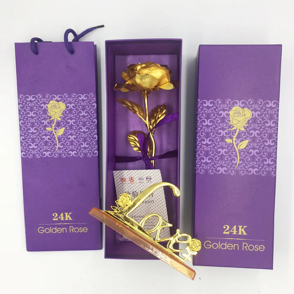 Модные однотонные 24K Золотая фольга с покрытием Розовое поддельные розы на День