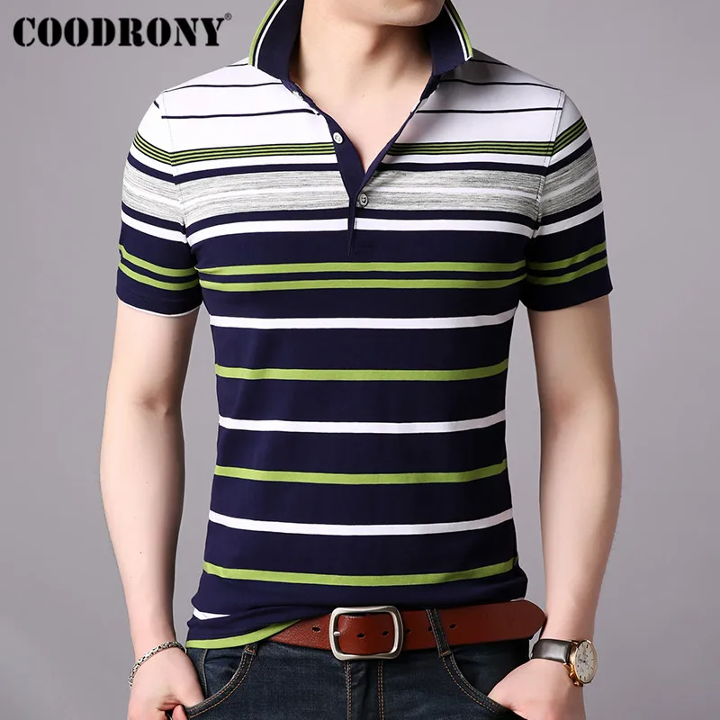 COODRONY, короткий рукав, футболка, мужская, деловая, повседневная, с отложным воротником, мужская рубашка, весна-лето, футболка, мужская, полосатый топ S95023