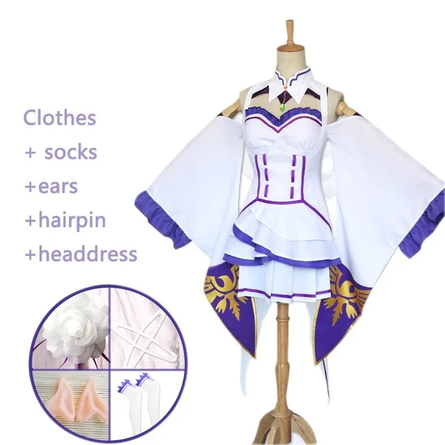 Аниме Re Life in a different world от zero Emilia; костюмы для косплея; платье Emilia; комплект костюмов для косплея - Цвет: set1