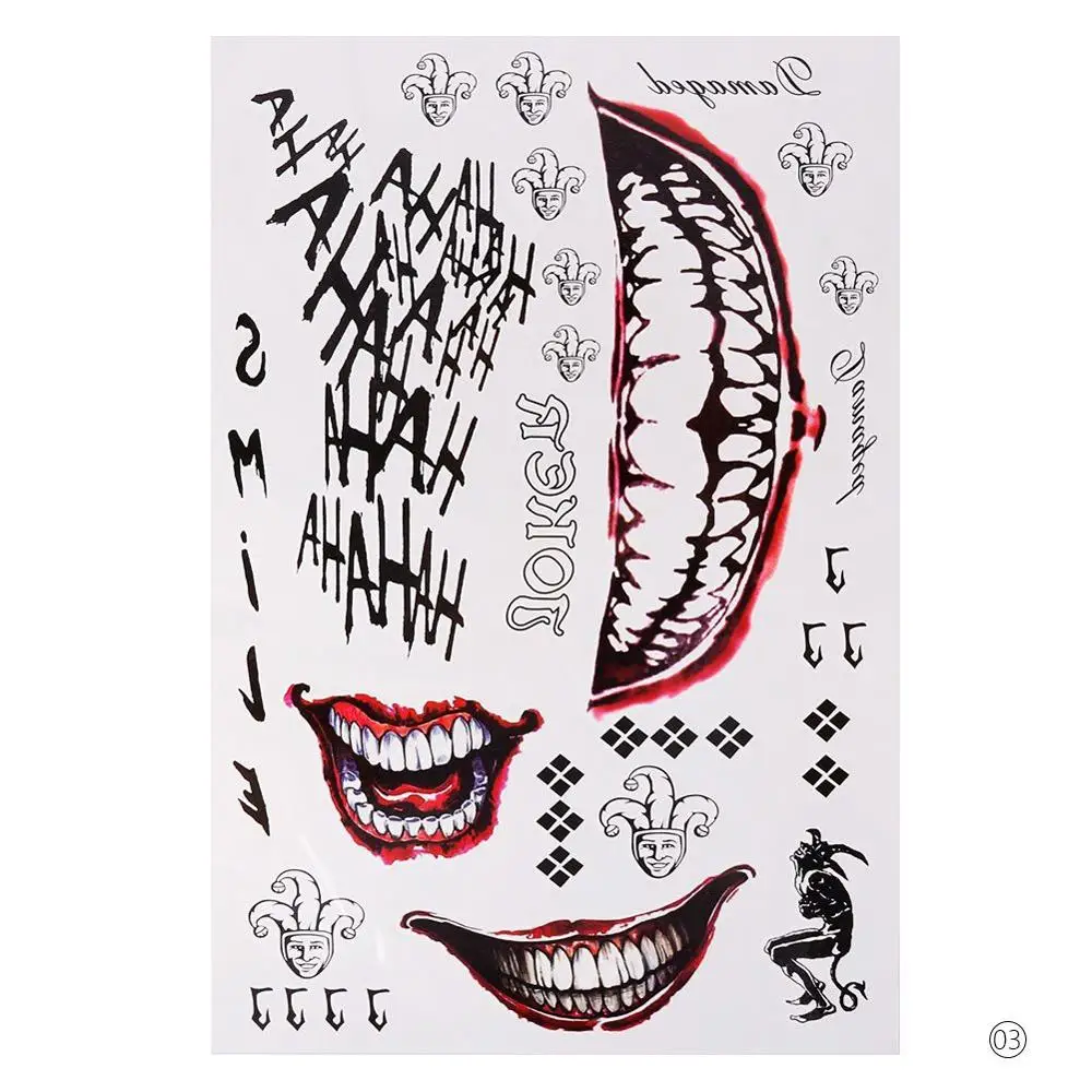 Style 3 tattoos joker 7Styles Halloween Cosplay The Joker Temporary Tattoo Stickers Body Art Tattoos for Face Arm 20X29.6cm - Color: Style 3